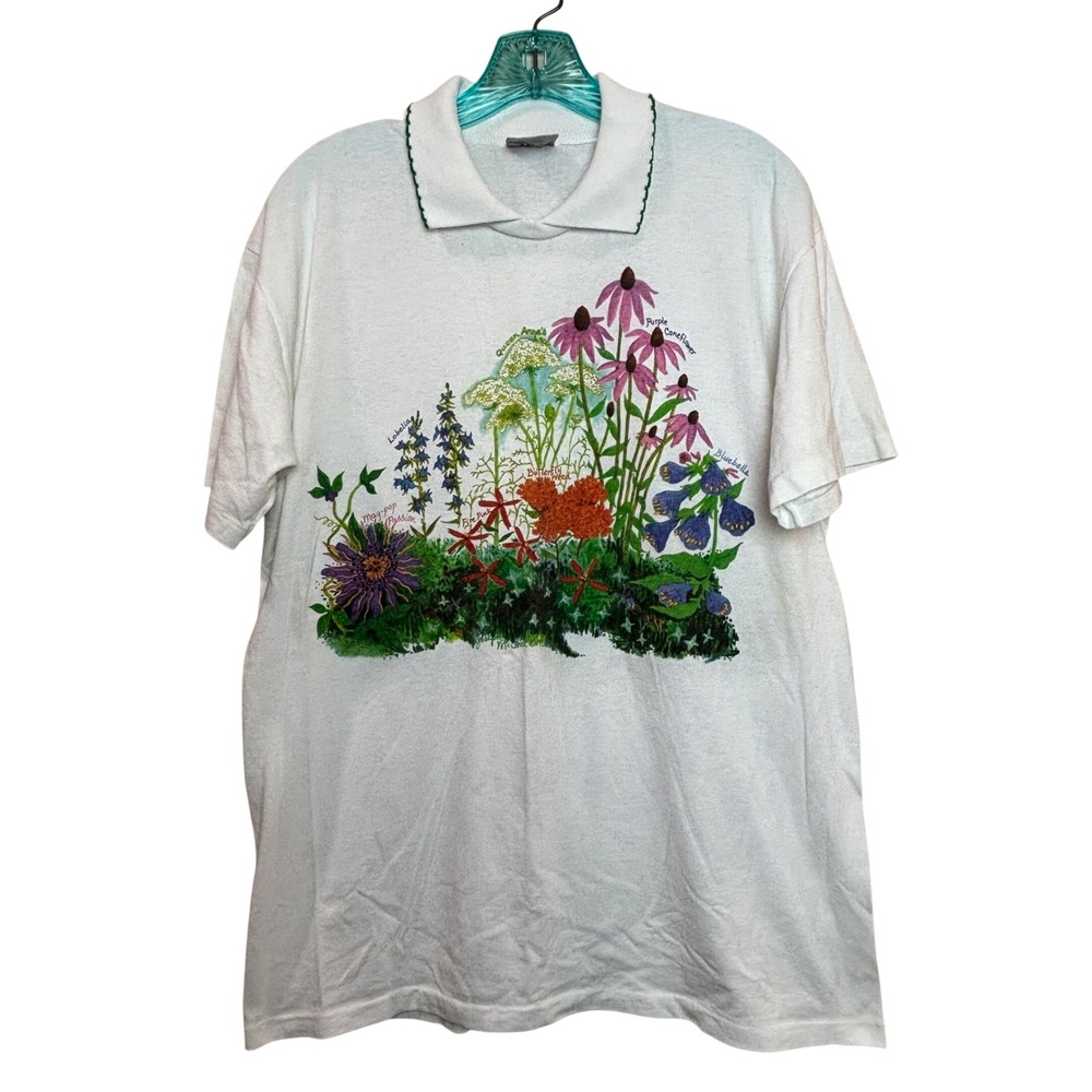 Oneita Botanical Wildflower Polo Shirt Womens Large White Vintage 90s USA Made
